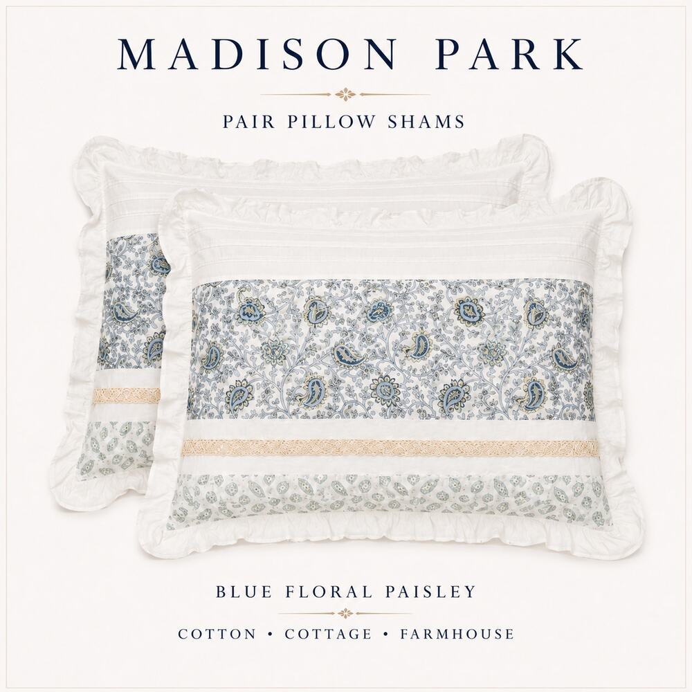Madison Park Pair Pillow Shams Blue Floral Paisley Cotton Cottage Farmhouse